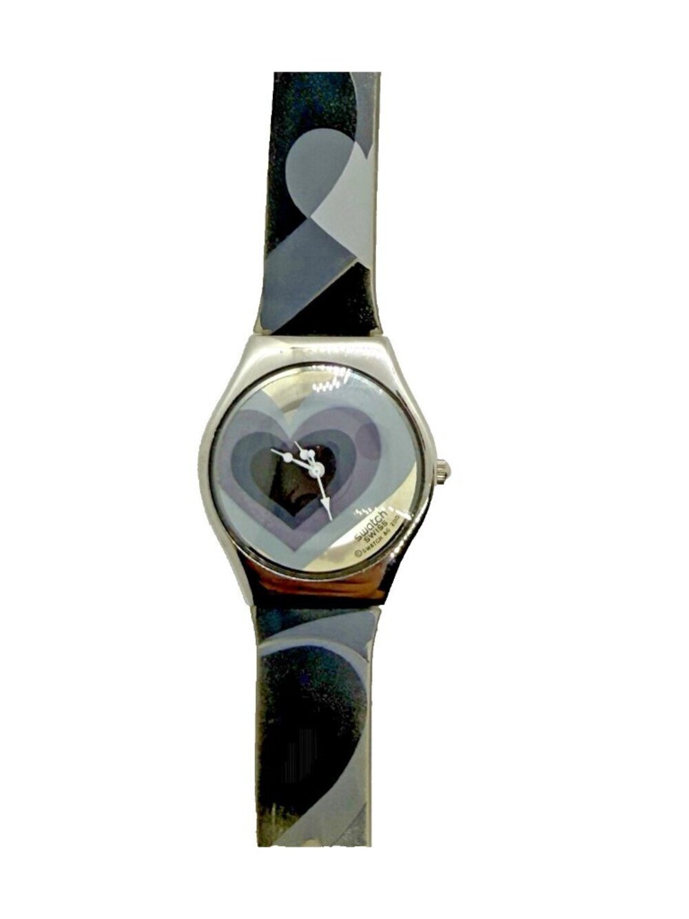Swatch AG200 Women's Watch Hearts Silver Tone Case Gray Blue Plastic Band Quartz